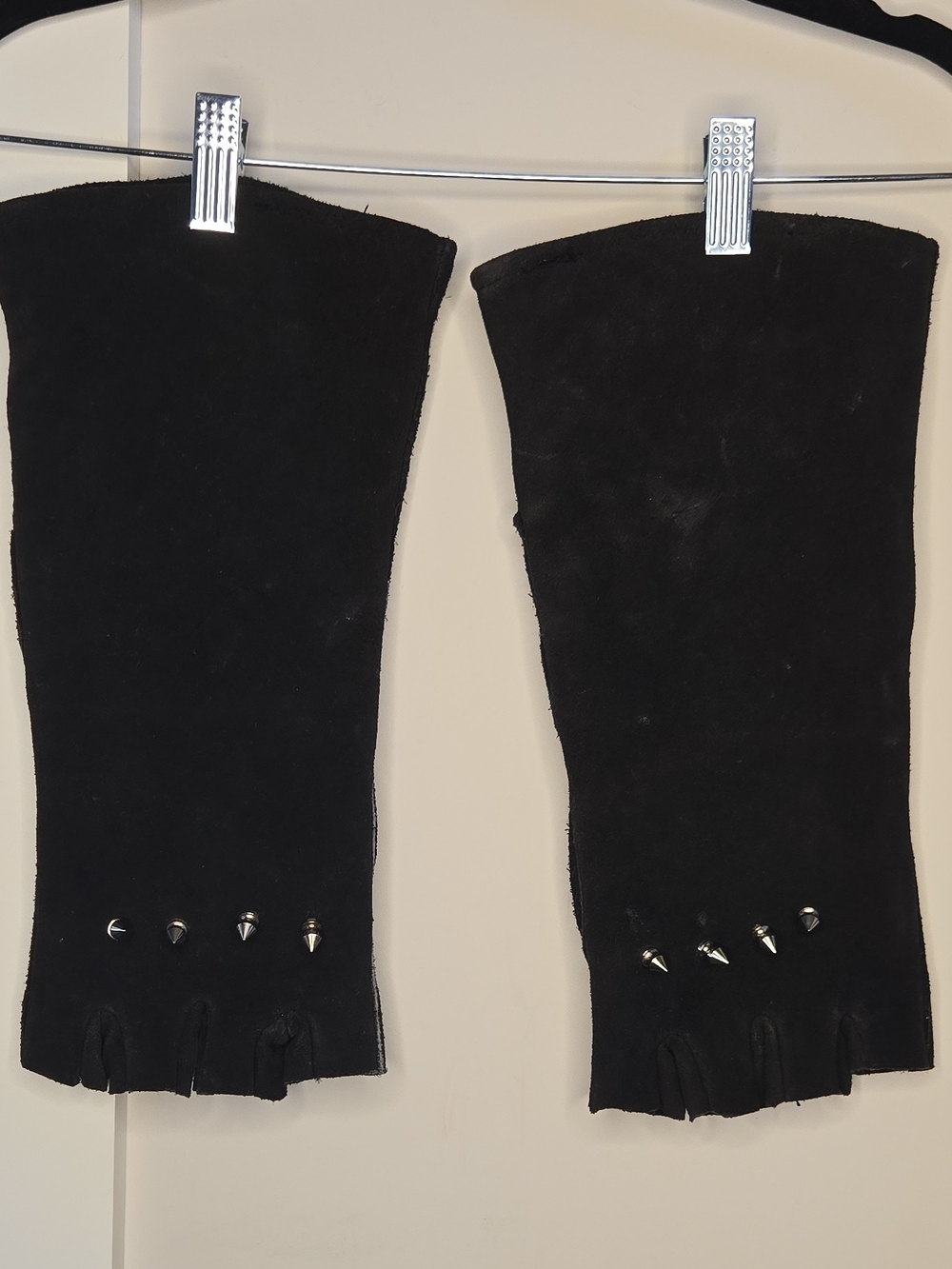 Hand Crafted Black Suede Fingerless Gloves with Stud Accents